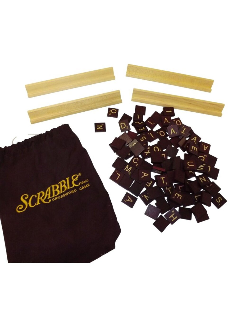 Scrabble Wooden Tile Set With Bag & Racks Replacement Pieces Arts Crafts